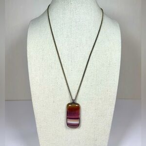 Banded Agate-like Art Glass Rounded Square Pendant Brass Tone Vintage Chain